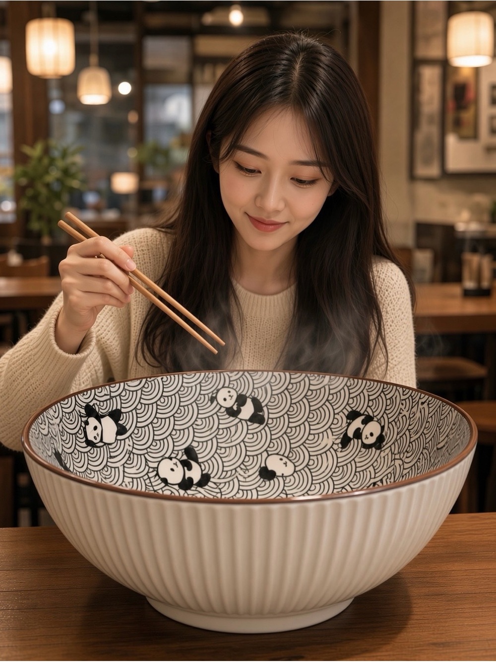 XL ADORABLE PANDA NOODLE BOWL x3 Piece SET - Black & White +Chopsticks and Spoon